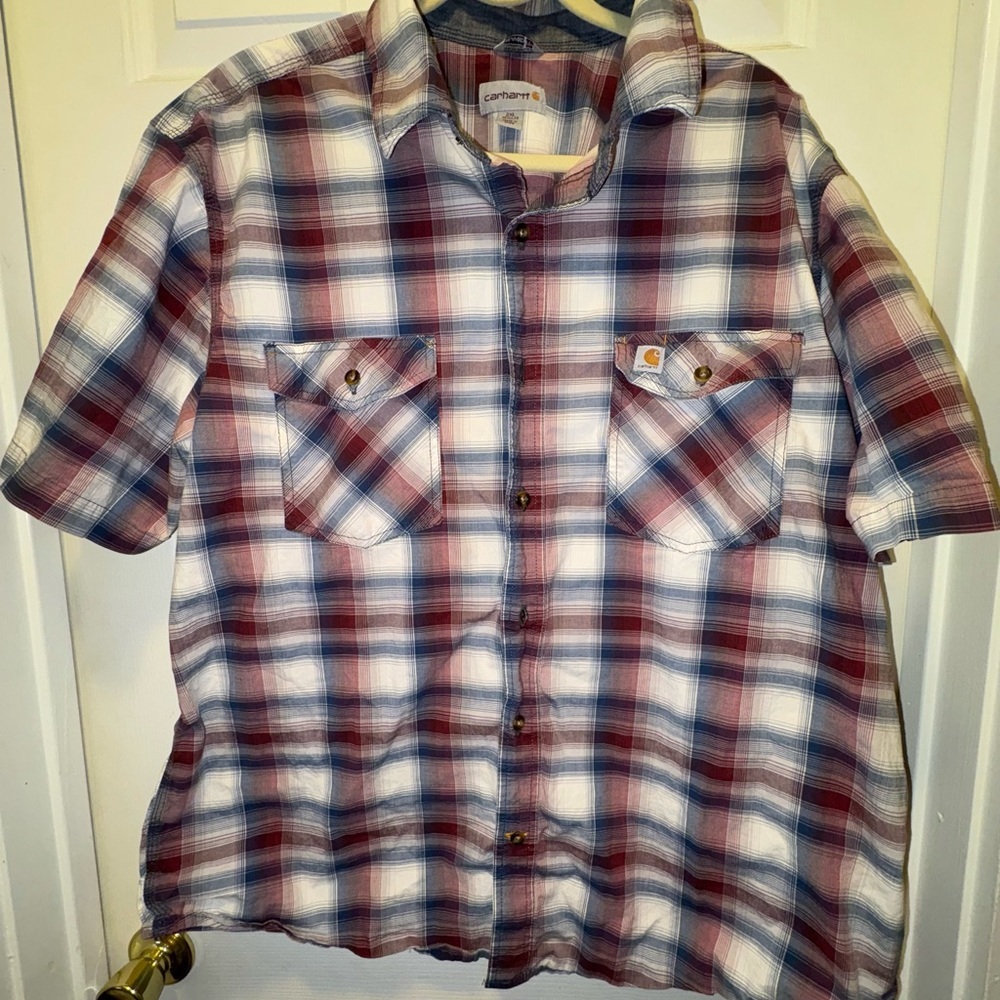 Carhartt Plaid Shirt Mens 2XL Short Sleeve Button Up Workwear‎ Red